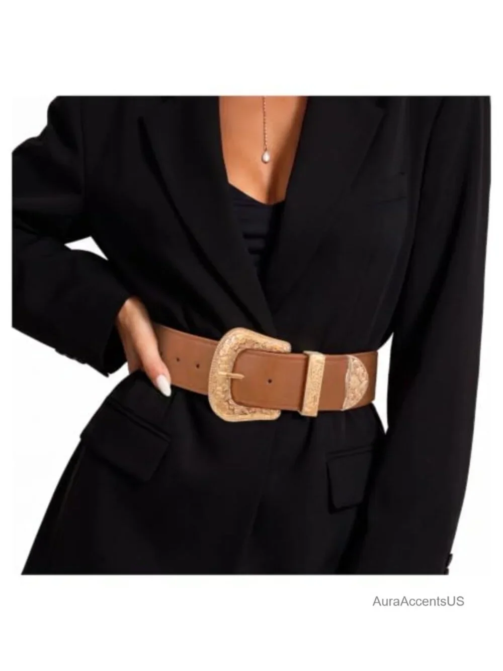 Wide Elastic Waist Belt Faux Leather Western Stretchy Belt Gold Buckle